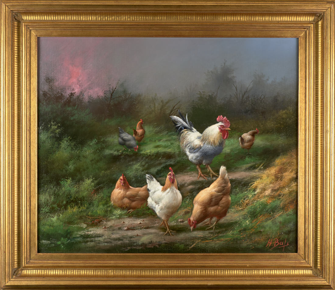 Haan met kippen in een landschap